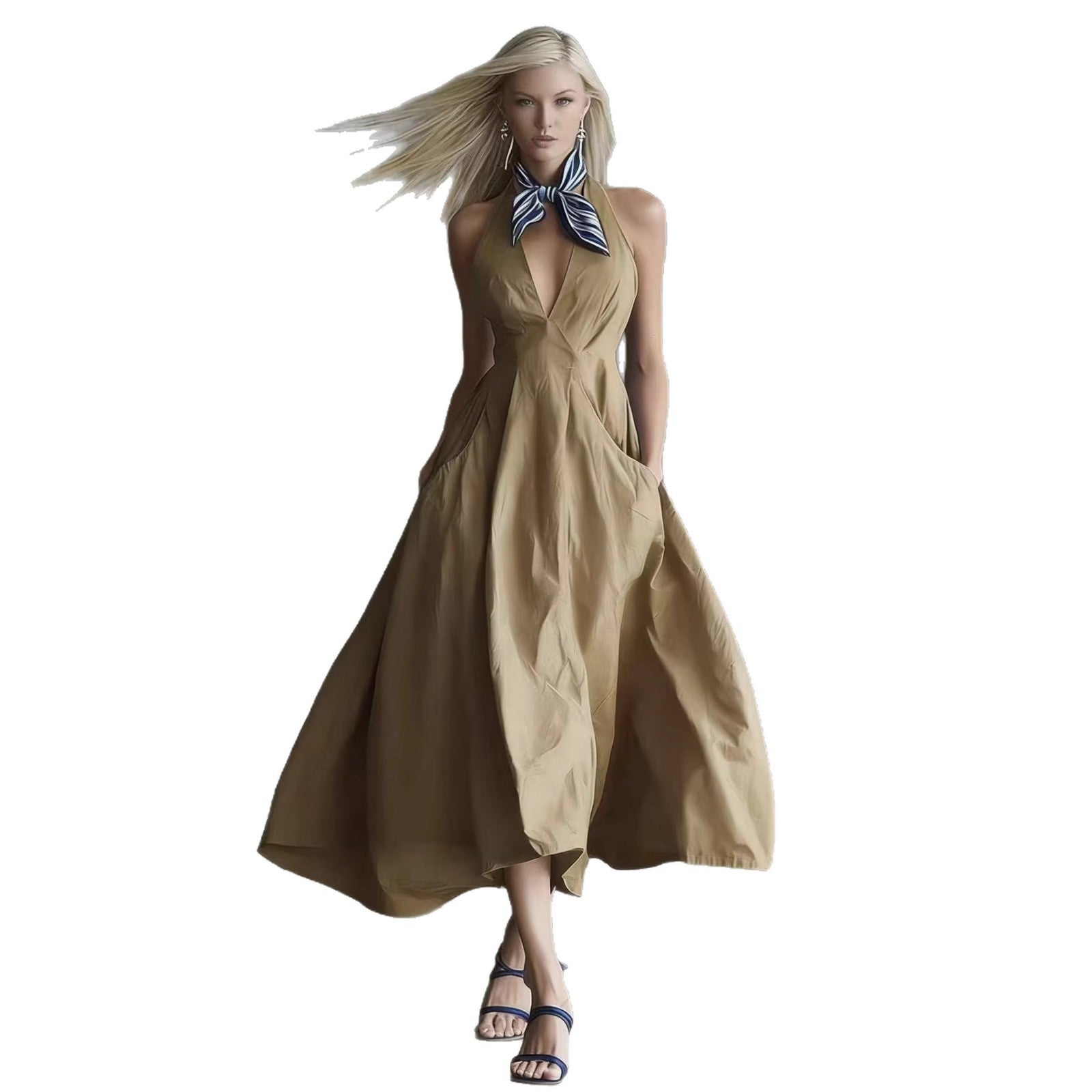 Womens Retro Sleeveless Tie-Waist A-Line Midi Dress With V-Neck